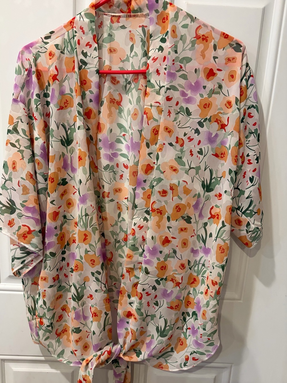 Floral Tie-Front Tunic Top - Cream with Orange & Purple spring boho cardigan